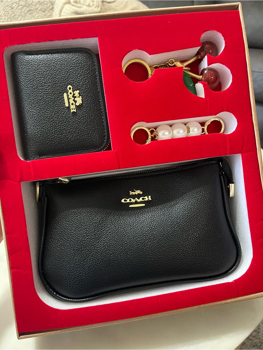 COACH Black Leather Wristlet with Matching Card Case and Key Charms